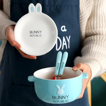 Ceramica Dublu-strat de Taitei Ramen Castron Anti-opărire Instant Noodle Bowl Drăguț Bunny cu Capac si Lingura Betisoarele Tacamuri