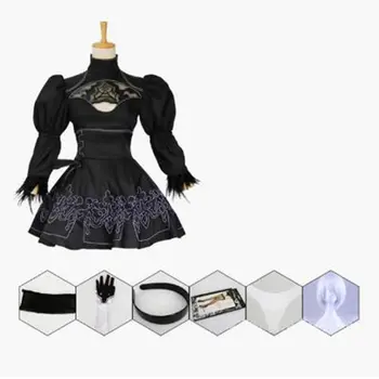 2019 Costume de Halloween Nier Automate Yorha 2B Cosplay Costum Anime Femei Tinuta Deghizare Set Costum Petrecere elegantă Rochie Neagră +Peruca