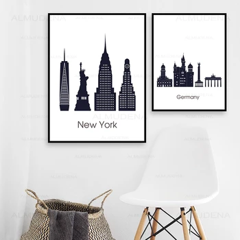 Celebra Clădire Panza Pictura World Travel New York, Londra, Paris, Oraș Poster Alb-Negru De Arta De Perete De Imagine Pentru Camera De Zi
