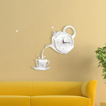 Creatoare de moda ceainic ceas de perete DIY acril oglindă de perete autocolant decorativ cu ceas camera de zi dormitor ceas tăcut ceas