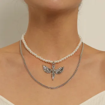 Noul Retro Multistrat Lanț Pearl Colier de Metal Băiat Aripi de Înger Pandantiv Colier pentru Femei de Culoare de Argint lucrate Manual Moda Bijuterii