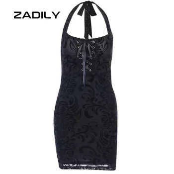 ZADILY Stil Gotic Gât-Montat cu Spatele gol Femei Negru Rochie Mini de Vară 2021 Y2K Sexy rochie fără Mâneci Bandaj Florale Șifon Rochii