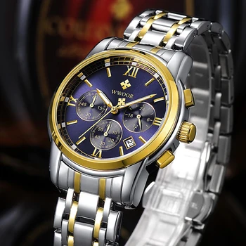 WWOOR Bărbați Ceas cu carcasa din Otel Inoxidabil cu Aur de Lux, Oameni de Afaceri Cuarț Ceasuri de mana Luminos rezistent la apă, Cronograf Reloj Hombre