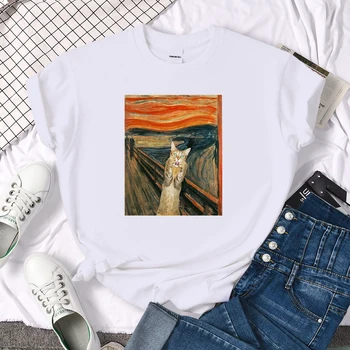 Tricouri Surprins Pisoi Pictură În Ulei De Imprimare T-Shirt Pentru Femei Vintage Casual Femei T Shirt Crewneck Hip Hop Femeie Haine