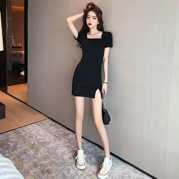 Sexy Teaca Femei Rochie Mini Square Guler Negru Rochii De Partid Vestido De Mujer Split Rochii De Vara Femei 2021 Rochie Coreeană