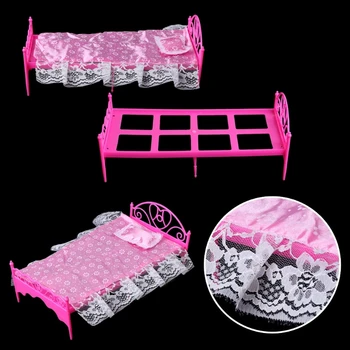 Mini roz Pat Cu Perna Pentru Papusi Barbie Papusi Mobila Dormitor Jucărie Q6PD