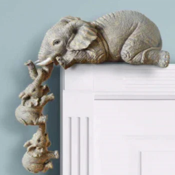 3Pcs Animal Statuie Rafinat Rasina Gri 3 Elefant Mame Și Doi Copii Agățat Pe Marginea De Artizanat, Sculptură Figurine