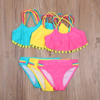 Copii Summer Split, costume de Baie Set Fete fără Mâneci fara Spate Bikini cu Mingea Ciucuri+Chilotei Set de Bikini pentru Vara