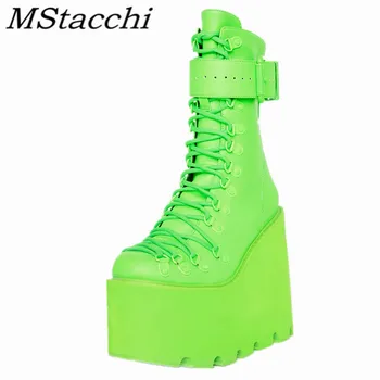 MStacchi Verde Platforma Cizme Femei Sexy Lace-Up Goth Cizme Cataramă Curea Glezna Femei Cizme Pene Doamnelor Petrecere Demonia Pantofi