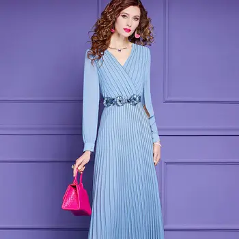 De moda Rochie de Primăvară Femei Rochie V-gât Split cu Maneci Lungi Plisate Curea cu Margele Rochii Lungi, de culoare Alb Albastru