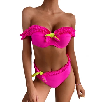 2021 Roz Pe Umăr Bikini Femei Costume de baie Femei Doua piese Bikini set Ciufulit Captusit costum de Baie Mijlocul Talie face baie Costum de Baie