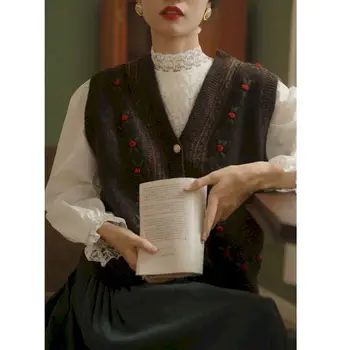 2021 Primavara Toamna Pulover Tricotate Vesta coreean de Top pentru Femei, Haine Supradimensionate Epocă fără Mâneci Kawaii Harajuku V-Neck Cardiga