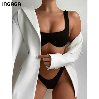 INGAGA Sexy Bikini cu dungi de Costume de baie Femei Costume de baie Push Up Costume de Baie Ridicat Piciorul Beachwear Solid Negru Biquini 2021 Noi