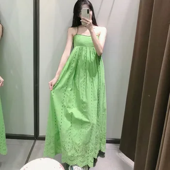 DiYiG FEMEIE 2021 vara noi femeile de vacanță în stil gol brodate verde mid-lungime bretele, rochie ZA