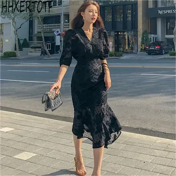 De vară 2020 Stil coreean Doamne de Birou Midi Rochie Sirena Femei Sifon Maneca Trei Sferturi rochie Bodycon Volane Rochii de Petrecere