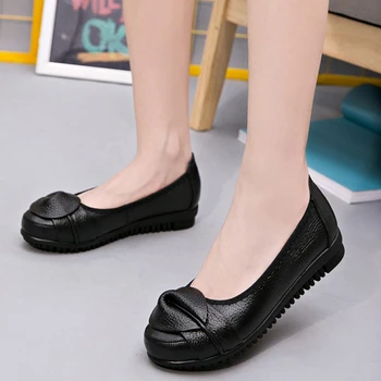 Negru rotund toe pantofi doamnelor primăvara și toamna fund moale pentru femei pantofi de lucru din piele plat pantofi
