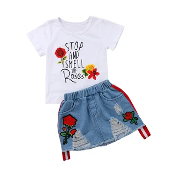 Copil Haine Casual Set 2 buc pentru Copii Toddler Girls Copii Salopete Denim Fusta+Scrisoare Rose Floral tricou Haine Set de Haine de Vara
