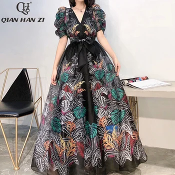 Qian Han Zi de Vară 2021 Designer de Moda Pistei Rochie Maxi pentru Femei V-neck Mâneci Puf Subțire de frunze vintage rochie Lunga