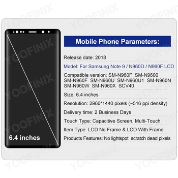Super AMOLED Pentru Samsung Galaxy Nota 9 LCD SM-N960F/DS, SM-N9600/DS Display LCD Touch Screen Digitizer Display Piese de schimb