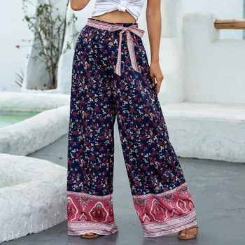 2021 Femei Boem Print Floral Pantaloni Lungi Mijlocul Talie Epocă Pantaloni Talie Elastic Boho Plaja Pantaloni Plus Dimensiune