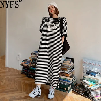 NYFS 2021 coreeană coreeană Femeie Rochie Vrac Dungi de imprimare Femeie Rochie Vestidos Halat Elbise Rochie de Vara
