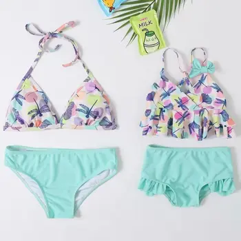 Mama și Fiica costum de Baie Copii Fata de Talie Mare Bikini Seturi 2021 Print Tropical Femei Push-Up Plaja Swiwmear Halter Bikini