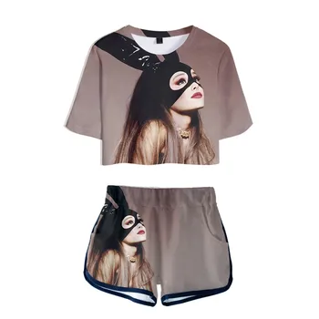 Set de două Piese Scurte, Pantaloni Ariana Grande tricou 3D Femei Seturi minunate de Rouă buric Topuri și Pantaloni scurți Pot fi vândute într-o singură bucată