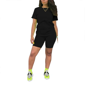 Vara Femei Culoare Solidă cu Maneci Scurte T-shirt, pantaloni Scurți Elastice de Bumbac Trening de Sport Tee Top Jogger Creion pantaloni Scurți Două Bucata Costum