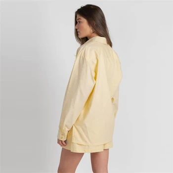 Solid De Culoare Galbenă Imbracaminte Femei Tricou Cu Maneci Lungi, Butonul De Sus De Înaltă Talie Pantaloni Scurți De Vară, Două Seturi De Piese Trening 2021
