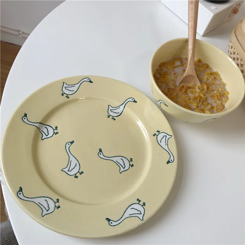 Platou Set de plăci Galben de Gâscă Model Ceramice Qute Castron Cu Preparate Pentru Desert Salata тарелки для еды Vajilla Plăci
