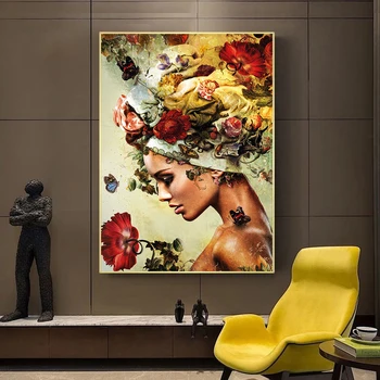 Modern, Abstract, Floare Fluture Femeie Panza Pictura Postere și de Imprimare Cuadro Arta de Perete pentru Camera de zi Decor Acasă (Fara Rama)
