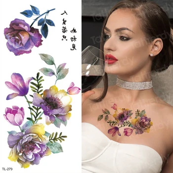 Tatuaj temporar autocolant violet floare trandafir tatuaj pentru femei fete temporal tatuaj detașabil, rezistent la apa corpul de artă tatuaj fals