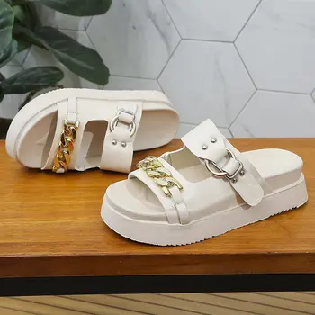 Femei Sandale de Vară 2021 Feminin Papuci de casă Fund Gros Lanț Plat Femeie Peep-toe Confort Slip-on Sandalias Pantofi Casual Mujer