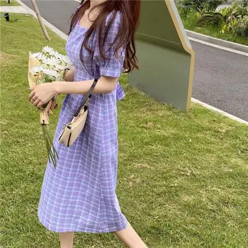 Scurt Mânecă Rochie Femei Vara Carouri Pătrat Guler Jumătatea vițel coreean Dulce Stil Vintage Elegant Licitație Excursie Casual Elegant Chic