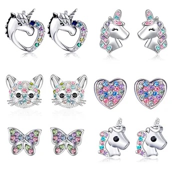 2021 Moda Drăguț Norocos Unicorn Cat Dragostea Rainbow Stras Cercei Stud Colorate Zircon Ureche Stud Bijuterii Accesorii Pentru Copii