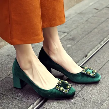 Tocuri Groase Pantofi De Catifea, Pantofi De Lucru Femei Pompe Slip Pe Piața Catarama Tocuri De Primavara Toamna Încălțăminte Albastru Verde Femme Sapato