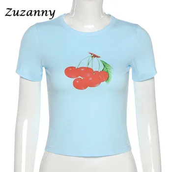 Zuzanny O de Gât Print Albastru Drăguț Crop Top pentru Femei Maneci Scurte 2021 Casual de Vara de Bază Tricouri Sexy Y2K Topuri Streetwear