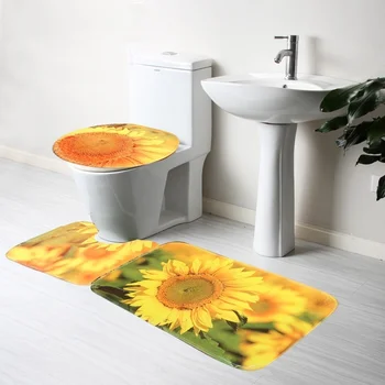 Floarea-soarelui Imprimare Toaletă Trei piese de Podea Mat Usa Mat Covor Baie rezistent la apa, Non-alunecare Mat Etaj Decor Baie