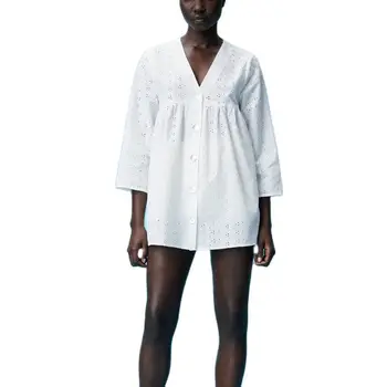 ZA 2021 Albe Brodate Supradimensionate Bluza Femei V-Gât Ajurata Tricou de Vară de Moda Butonul de Sus de Epocă Liber Broderie Top