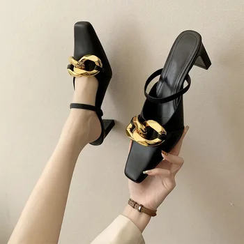 Femei Sandale Deget de la picior Pătrat Doamnelor Tocuri Înalte de Moda Lanț de Brand de Lux, Papuci, Pantofi de Vara Aluneca Pe PU Încălțăminte de Femeie Nou
