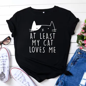 Bumbac Supradimensionate pentru Femei T-shirt cu Maneci Scurte Harajuku Cel Puțin Pisica Mea Mă Iubește Top Casual Femei tricou de Vară 2020