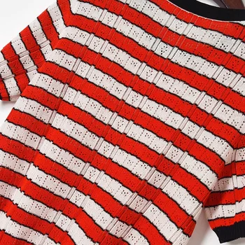 Femei cu Dungi Knit Top de Vară 2021 Gât Rotund cu Maneci Scurte, Decupaj Pulover Subtire de Cauzalitate Tricou Tricotaje Japoneză Streetwear