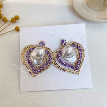 MENGJIQIAO coreea Moda Cristal Violet Dragoste Inima Stud Cercei Pentru Femeile Elegante Neregulate Perla Boucle D'oreille Bijuterii