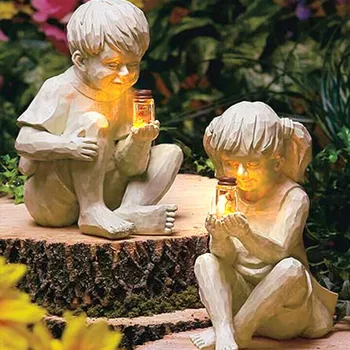 Un Copil Cu Solar Licurici Gradina Statuia Rășină Borcan Fată Băiat Statuie Capricioasă Pat De Flori Curte De Sculptură În Aer Liber Decoruri De Vânzare Fierbinte