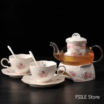 240ml FSILE Ceramice Grădină Relief Aur Roșu Ceai cu Ceasca si Farfurie Set Cană Cafea și Farfurie de Fructe și Flori Ceașcă de Ceai Set