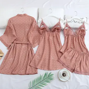 Pink Print Dot Haină De Nuntă Set De Pijamale Casual, Lenjerie Intima Cămașă De Noapte Cămașă De Noapte Moale Homewear Acasă Îmbrăcăminte Rochie Kimono