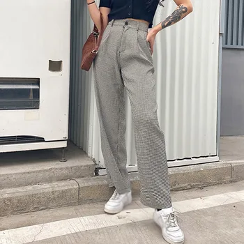Houndstooth Print Carouri Epocă Pantaloni Femei Casual De Înaltă Talie Pantaloni Lungi De Moda Pantaloni Drepte Codrin Toamna Anului 2021