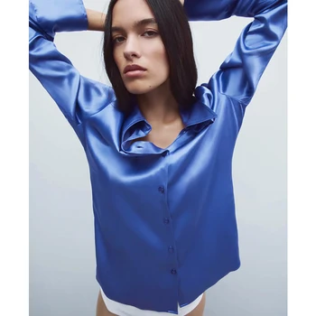 ZA 2021 Vara Femei Bluza din Satin Solidă Maneca Lunga Tricou Rândul său, în Jos Guler de sex Feminin Subțire Vrac Top Bluza Singur Pieptul