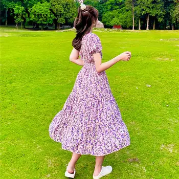 Beiyingni Rochii pentru Femei Florale Imprimate Vintage, Casual, Boho Plaja coreean Rochie Midi 2021 Vară Șifon Violet Dragoste Robe