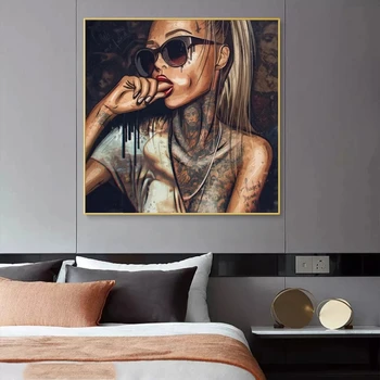 Modern Negru Fata cu Tatuaj Tablouri Canvas Wall Art Postere si Printuri de Moda, Portret Abstract Imagine pentru Acasă Decor Cameră